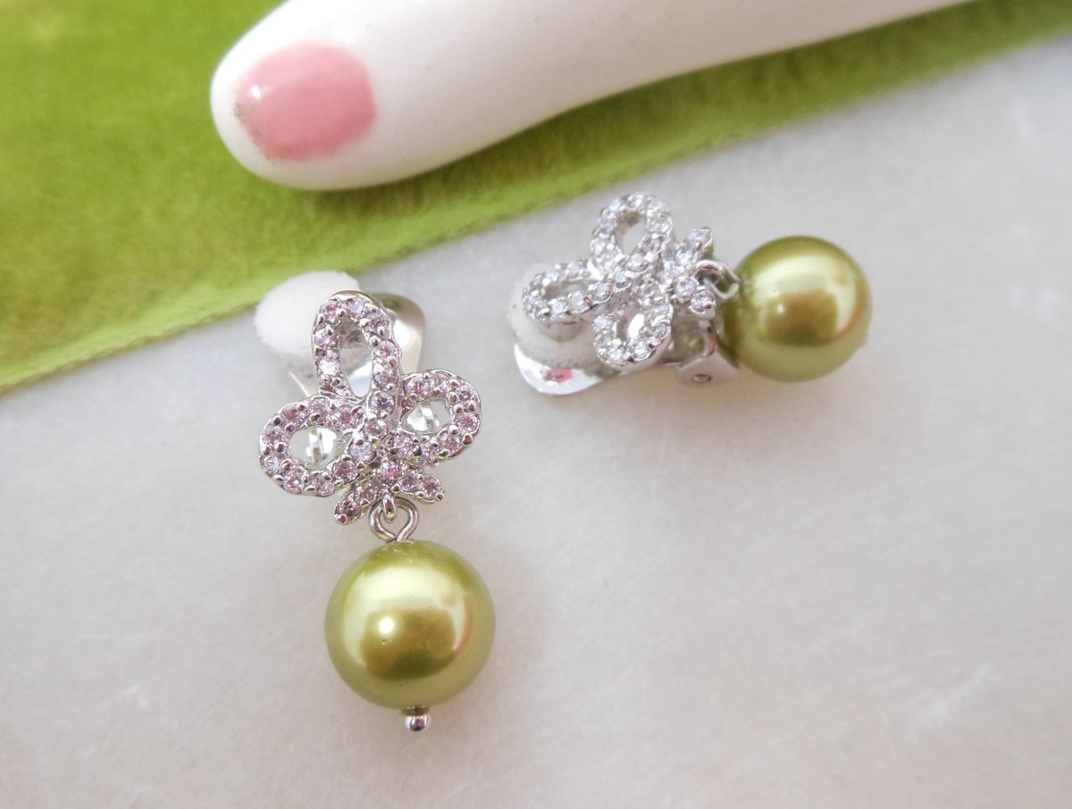 Vintage NOLAN MILLER Earrings Rhinestone Bow Green Pearl Dangle Drop Clip On Designer Glamour Jewelry Gift, VivianJoel.com