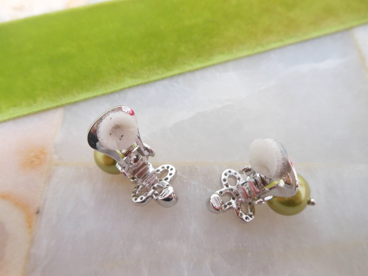 Vintage NOLAN MILLER Earrings Rhinestone Bow Green Pearl Dangle Drop Clip On Designer Glamour Jewelry Gift, VivianJoel.com