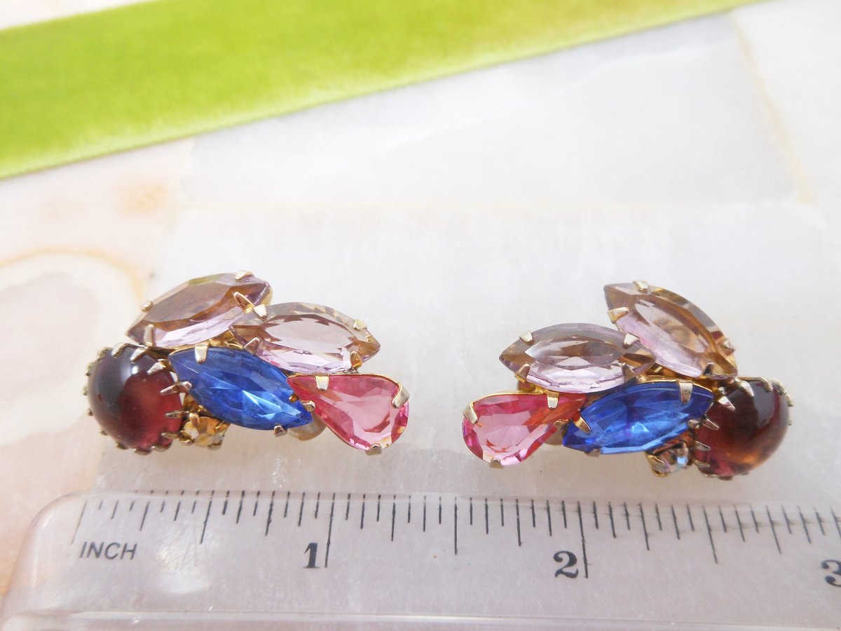 Vintage Rhinestone Earrings Clip OnFruit Salad Ear Climber Crystal Art Glass Jewelry Gift Mid Century, VivianJoel.com