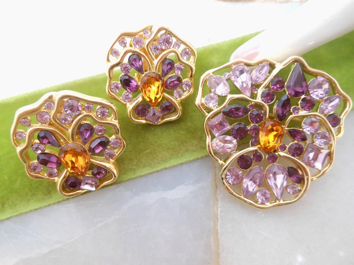 Vintage NOLAN MILLER Flower Brooch Earrings Set Rhinestone Fruit Salad Crystal Pansy Pin Designer IOB Designer Jewelry Gift, VivianJoel.com