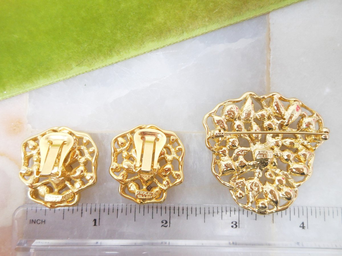 Vintage NOLAN MILLER Flower Brooch Earrings Set Rhinestone Fruit Salad Crystal Pansy Pin Designer IOB Designer Jewelry Gift, VivianJoel.com