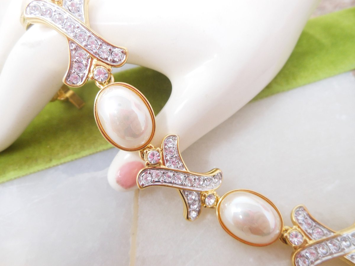 Vintage NOLAN MILLER Pearl Crystal Rhinestone Bracelet X and O Hugs Kisses Wedding Glamour Designer Jewelry Gift, VivianJoel.com