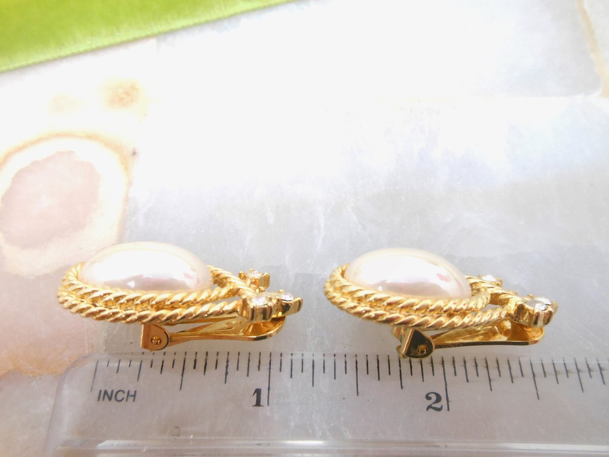 Vintage NOLAN MILLER Designer Earrings Crystal Faux Pearl Clip On Rhinestone Gold Plate Runway Wedding Jewelry Gift, VivianJoel.com