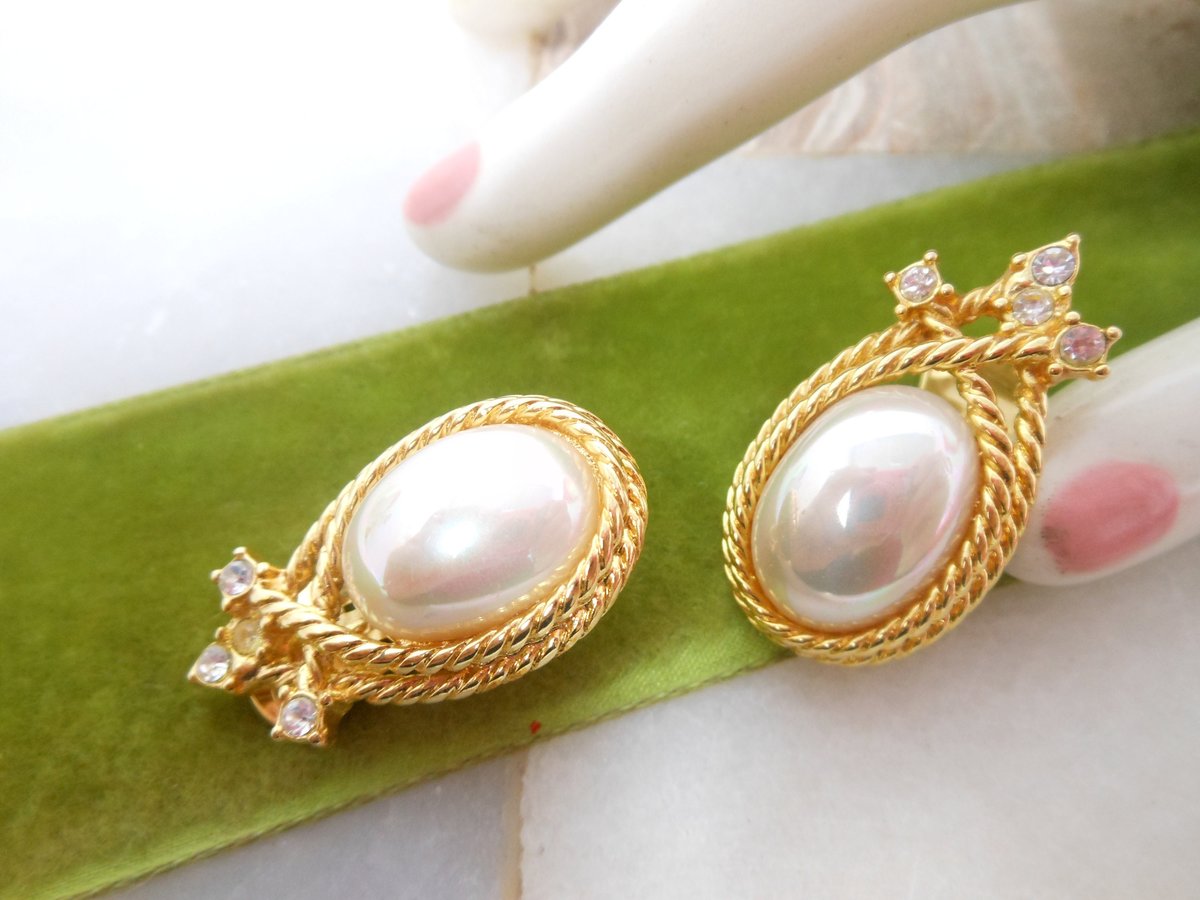 Vintage NOLAN MILLER Designer Earrings Crystal Faux Pearl Clip On Rhinestone Gold Plate Runway Wedding Jewelry Gift, VivianJoel.com