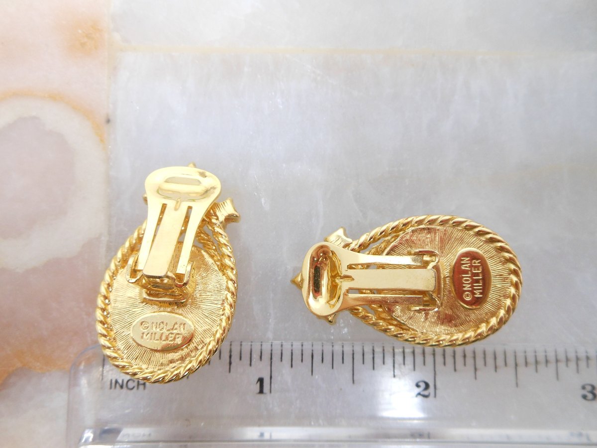 Vintage NOLAN MILLER Designer Earrings Crystal Faux Pearl Clip On Rhinestone Gold Plate Runway Wedding Jewelry Gift, VivianJoel.com