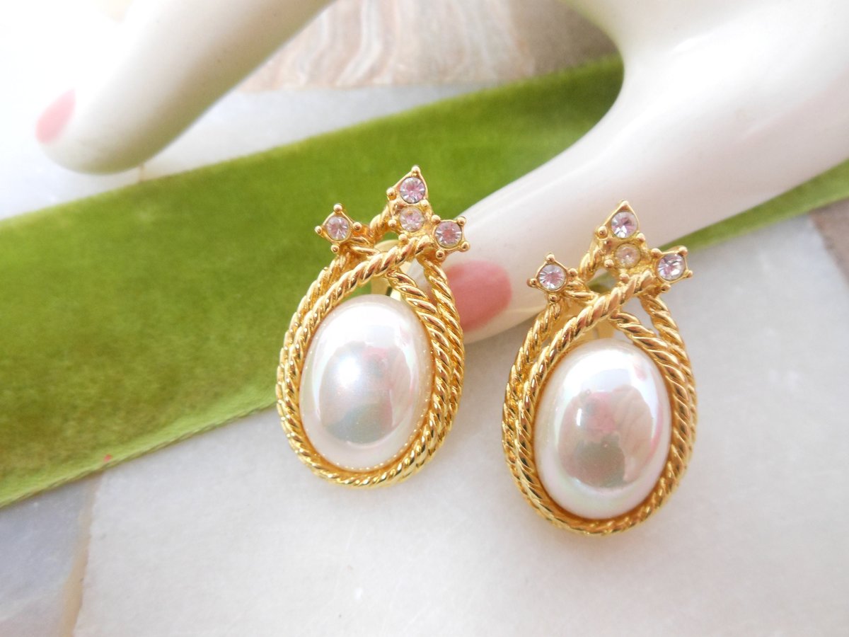 Vintage NOLAN MILLER Designer Earrings Crystal Faux Pearl Clip On Rhinestone Gold Plate Runway Wedding Jewelry Gift, VivianJoel.com
