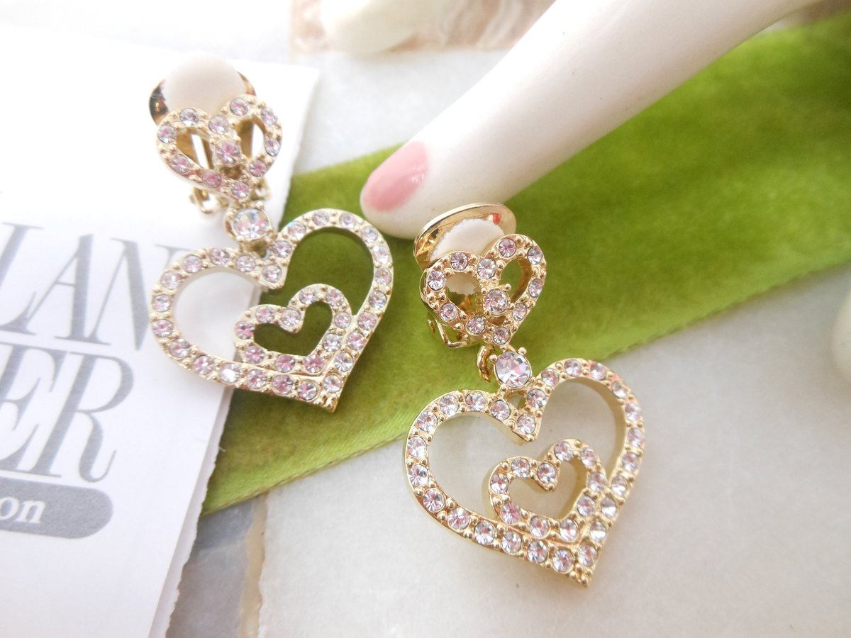 Vintage NOLAN MILLER Heart Earrings Rhinestone Clip On Pave Crystal Dangle Drop Gold Designer Jewelry Gift Original Box, VivianJoel.com