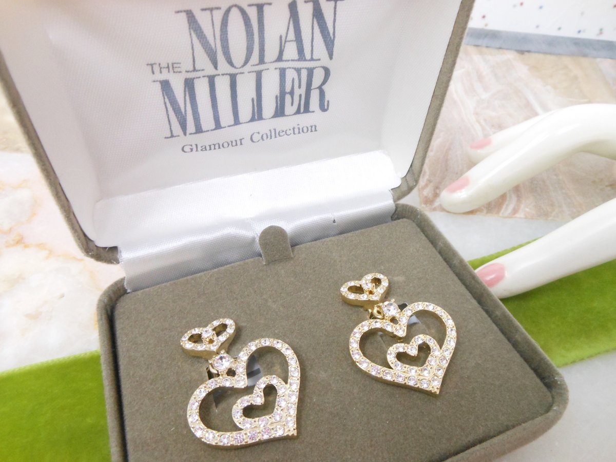 Vintage NOLAN MILLER Heart Earrings Rhinestone Clip On Pave Crystal Dangle Drop Gold Designer Jewelry Gift Original Box, VivianJoel.com