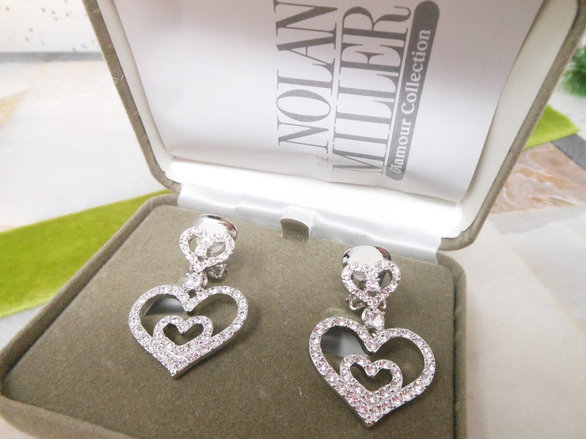 Vintage NOLAN MILLER Heart Earrings Rhinestone Clip On Pave Crystal Dangle Drop Silver Designer Jewelry Gift Original Box, VivianJoel.com