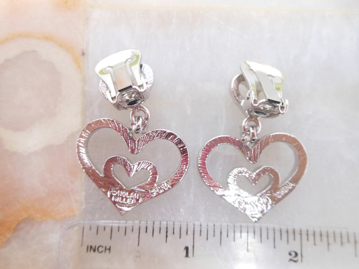 Vintage NOLAN MILLER Heart Earrings Rhinestone Clip On Pave Crystal Dangle Drop Silver Designer Jewelry Gift Original Box, VivianJoel.com