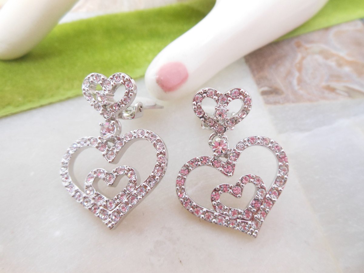 Vintage NOLAN MILLER Heart Earrings Rhinestone Clip On Pave Crystal Dangle Drop Silver Designer Jewelry Gift Original Box, VivianJoel.com