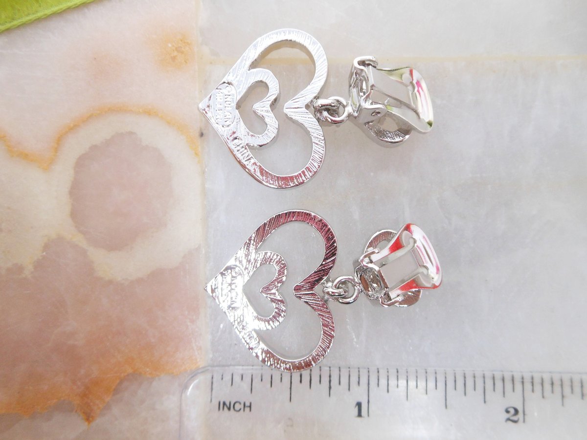 Vintage NOLAN MILLER Heart Earrings Rhinestone Clip On Pave Crystal Dangle Drop Silver Designer Jewelry Gift Original Box, VivianJoel.com