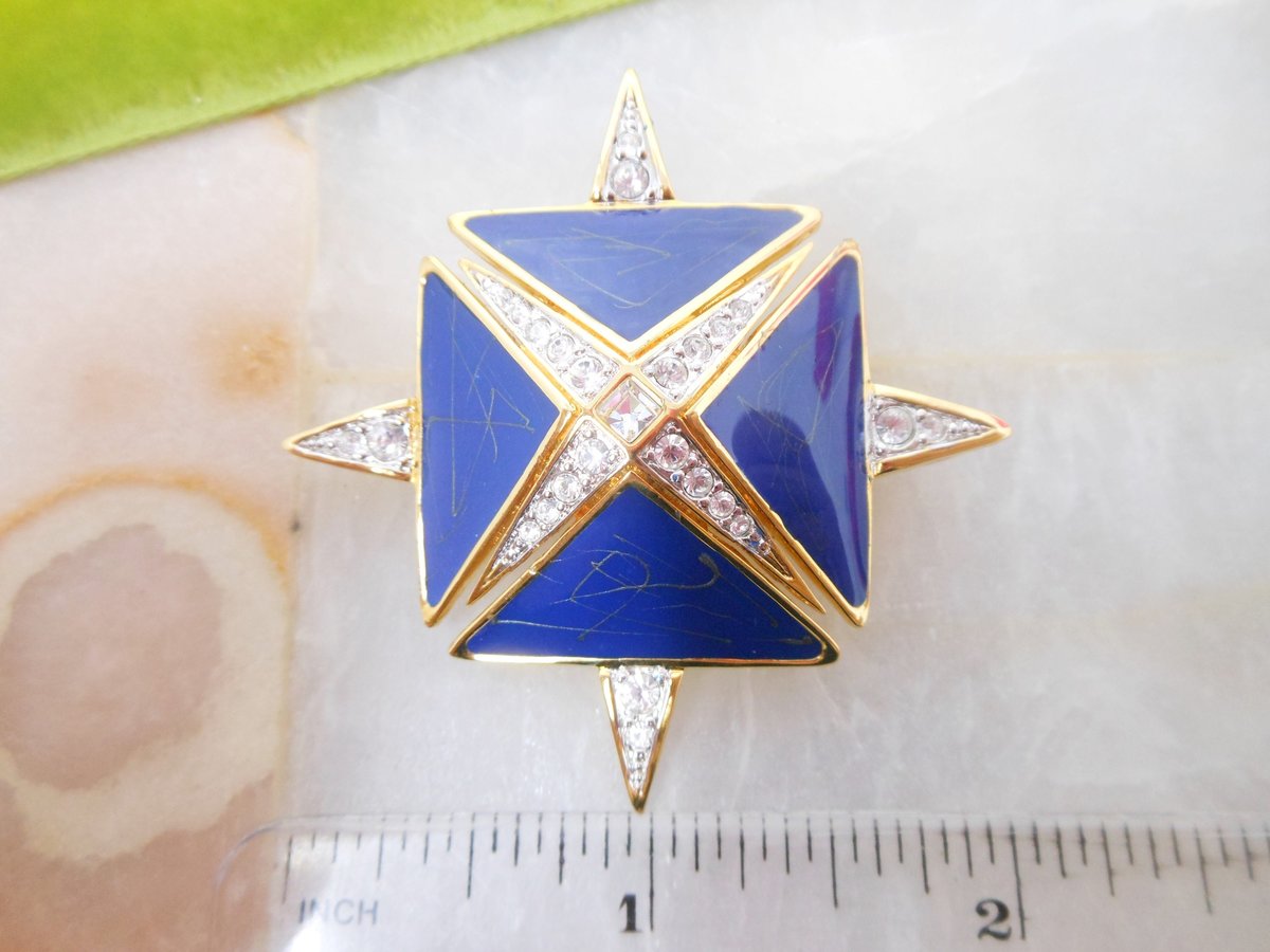 Vintage HUTTON WILKINSON Runway Designer Brooch Pendant Blue Enamel Maltese Cross Pin Clear Crystal Statement Jewelry Gift, VivianJoel.com
