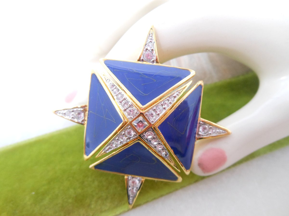 Vintage HUTTON WILKINSON Runway Designer Brooch Pendant Blue Enamel Maltese Cross Pin Clear Crystal Statement Jewelry Gift, VivianJoel.com