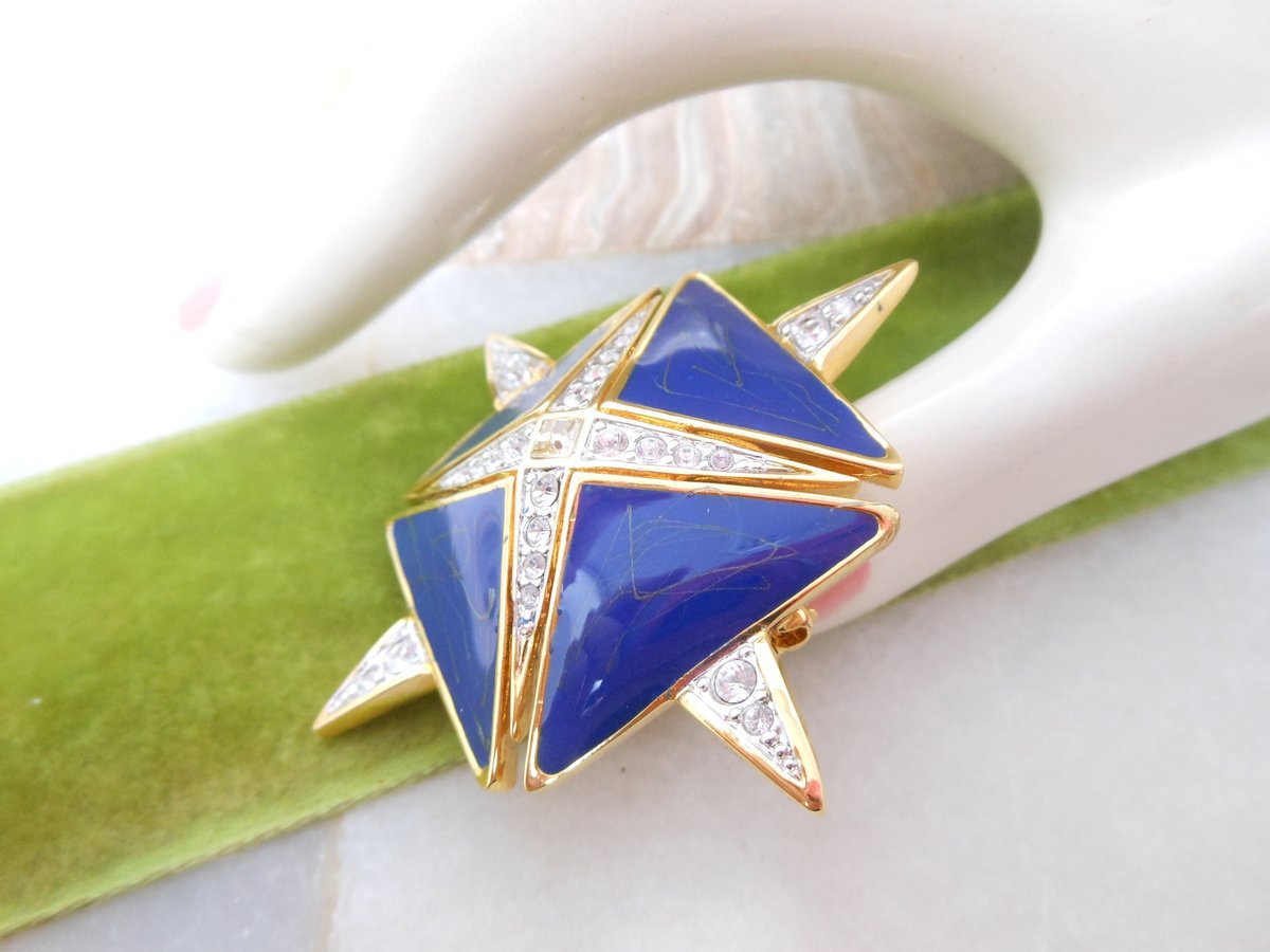 Vintage HUTTON WILKINSON Runway Designer Brooch Pendant Blue Enamel Maltese Cross Pin Clear Crystal Statement Jewelry Gift, VivianJoel.com