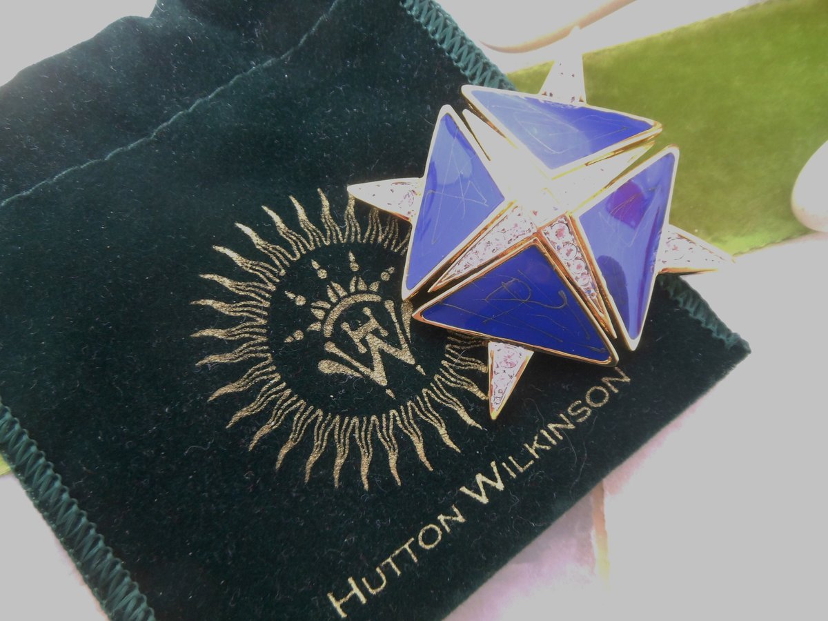 Vintage HUTTON WILKINSON Runway Designer Brooch Pendant Blue Enamel Maltese Cross Pin Clear Crystal Statement Jewelry Gift, VivianJoel.com