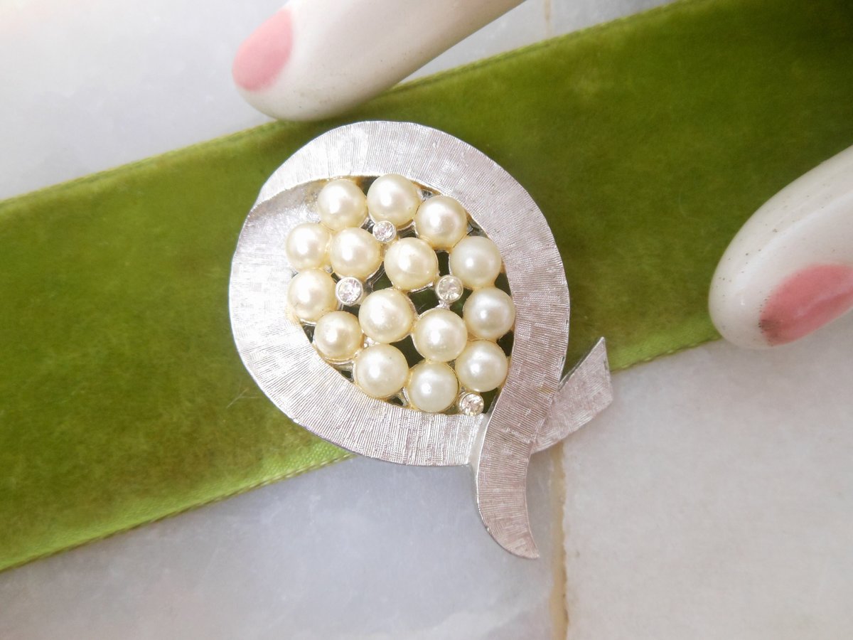 Vintage ART Designer Pearl Rhinestone Pin Brooch Signed Arthur Pepper Silver Plate Jewelry Mid Century Gift, VivianJoel.com