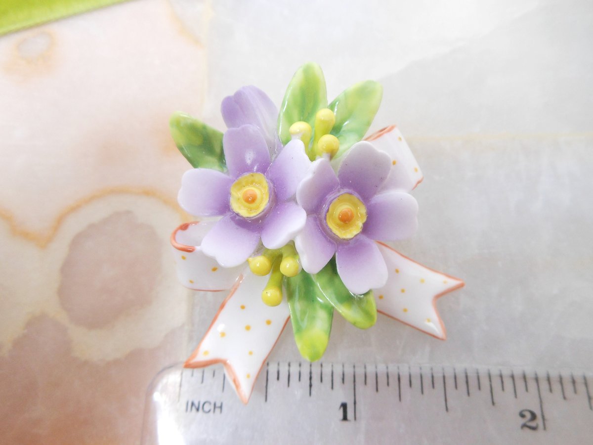 Vintage Purple Pansy Brooch Bone China Porcelain Ceramic Flower Pin Bouquet Jewelry Gift THAILAND, VivianJoel.com