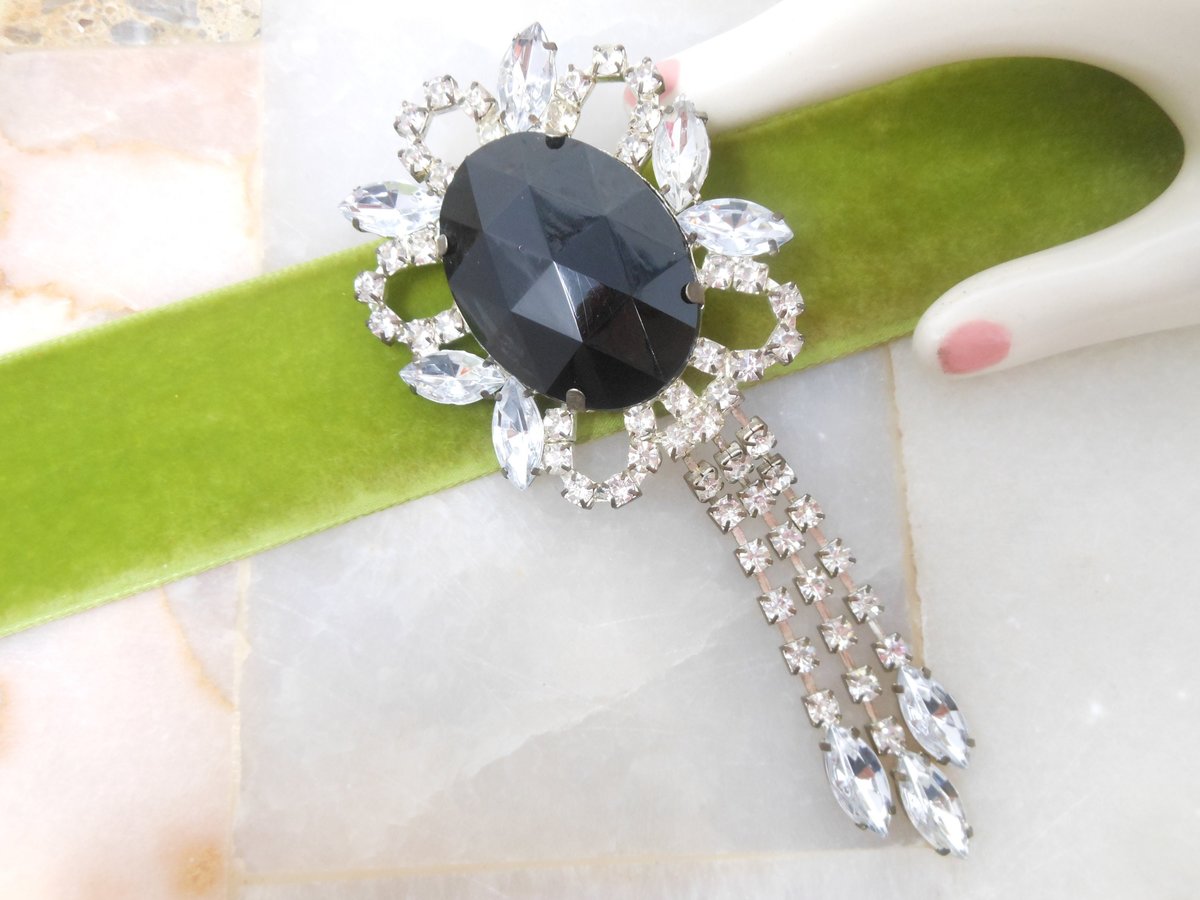 Vintage Big Fringe Brooch Rhinestone Black Clear Dangle Jewelry Gift Regency Renaissance Revival, VivianJoel.com