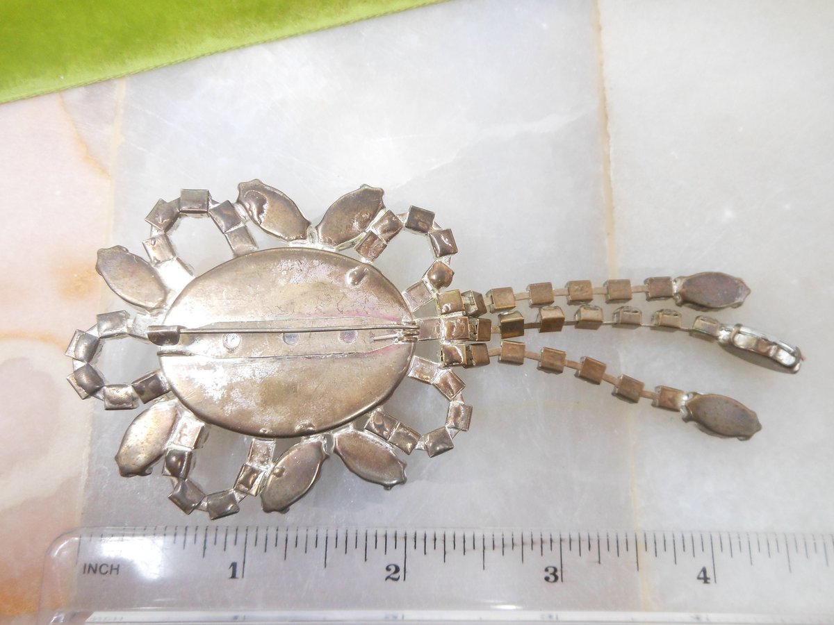 Vintage Big Fringe Brooch Rhinestone Black Clear Dangle Jewelry Gift Regency Renaissance Revival, VivianJoel.com