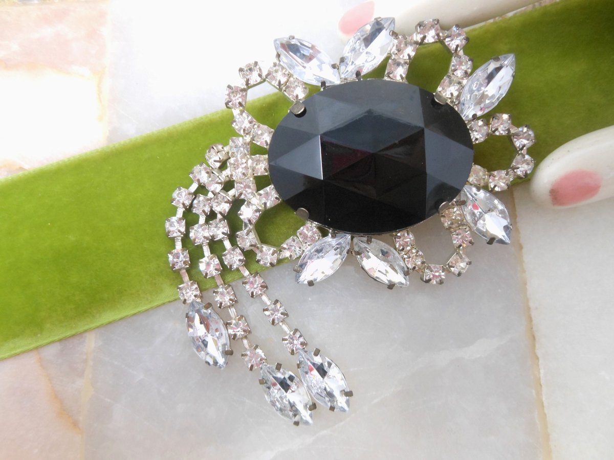 Vintage Big Fringe Brooch Rhinestone Black Clear Dangle Jewelry Gift Regency Renaissance Revival, VivianJoel.com