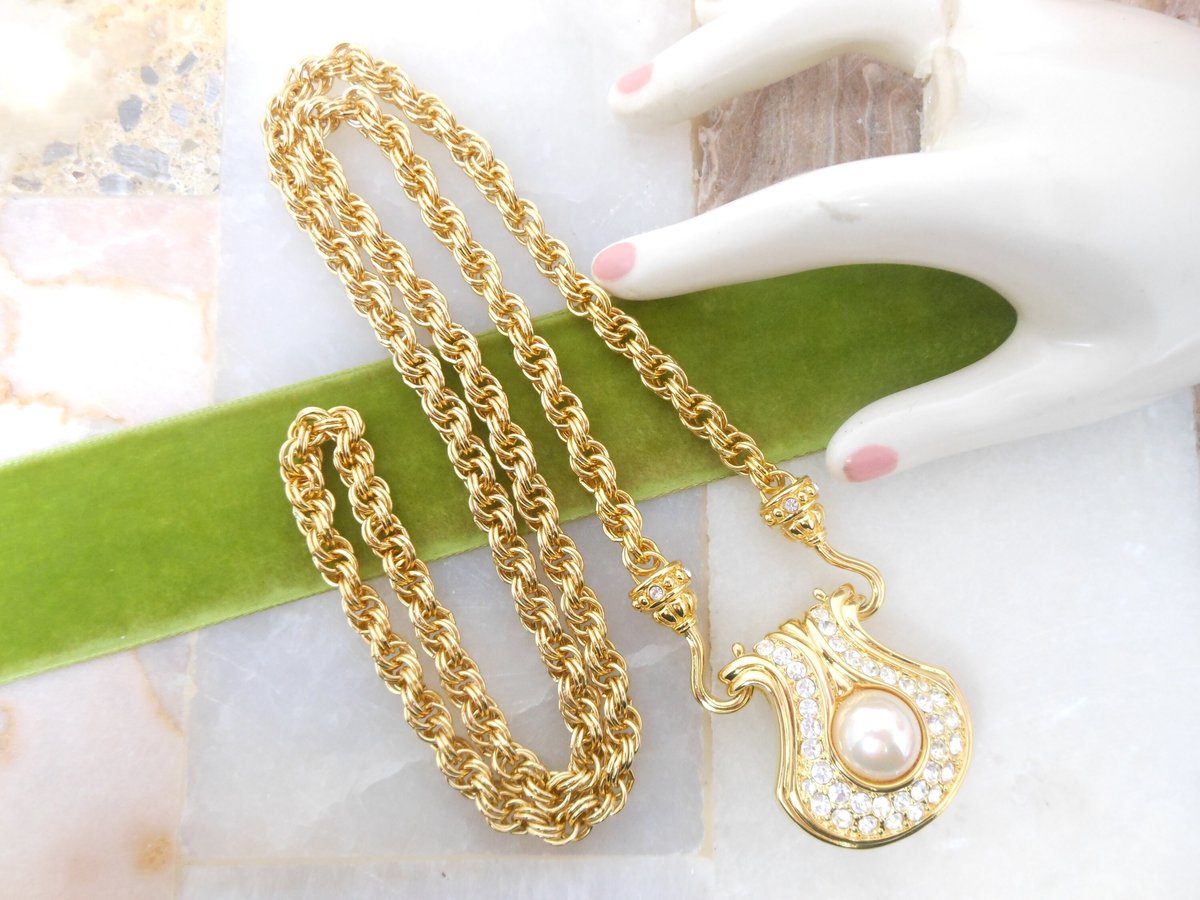 Vintage NOLAN MILLER Pendant Necklace Glamour Collection Gold Plate Chain Rhinestone Crystal Designer Jewelry Gift, VivianJoel.com