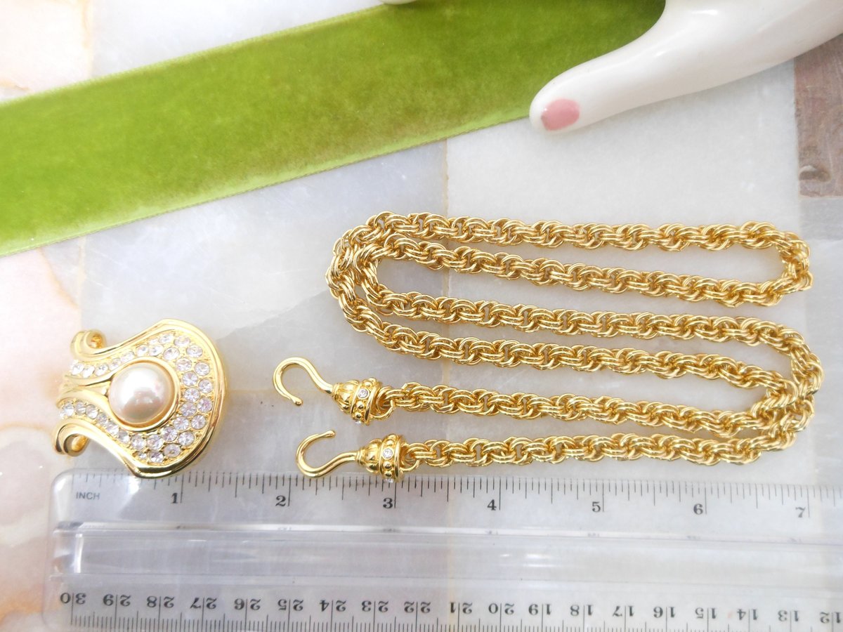 Vintage NOLAN MILLER Pendant Necklace Glamour Collection Gold Plate Chain Rhinestone Crystal Designer Jewelry Gift, VivianJoel.com
