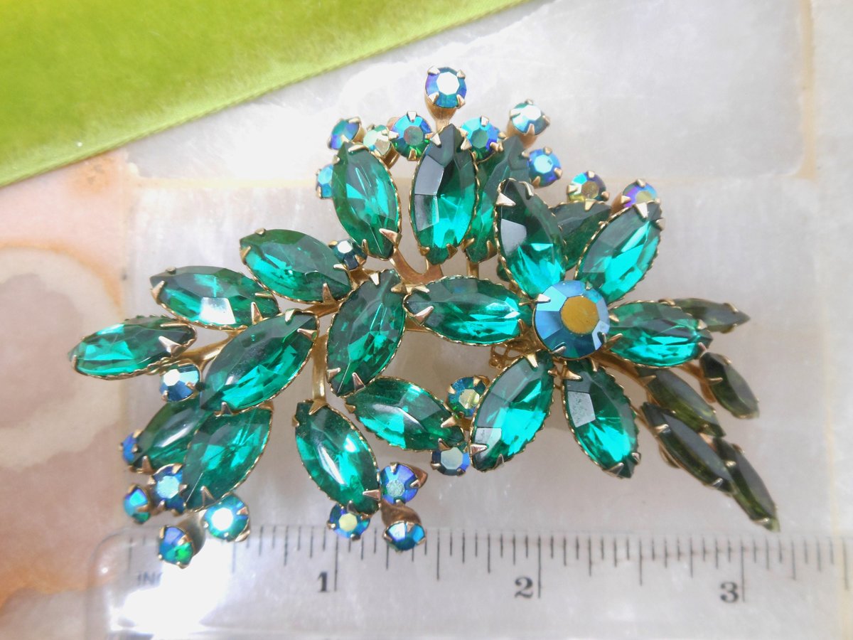 Vintage BEAU JEWELS Emerald Green Rhinestone Brooch Flower Spray Pin Aurora Borealis Crystal Mid Century, VivianJoel.com