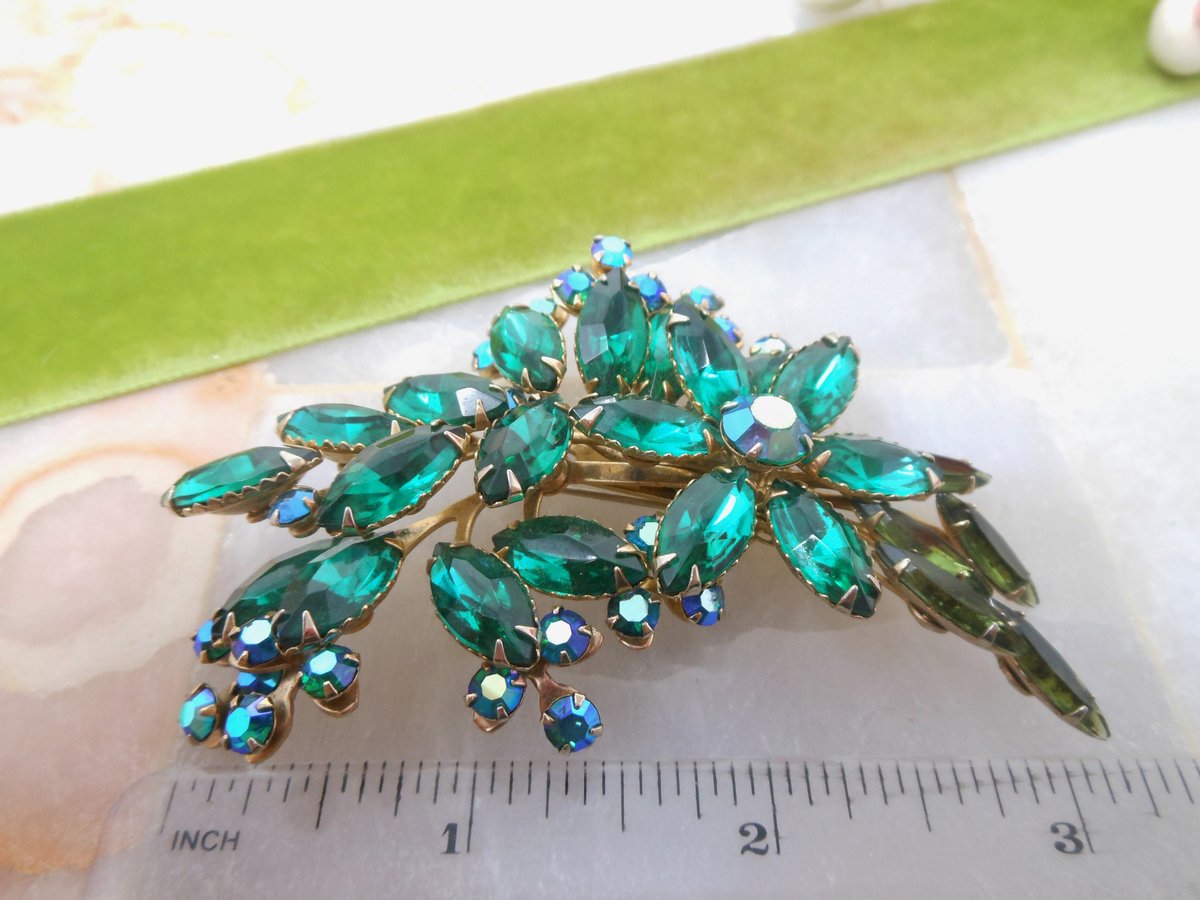 Vintage BEAU JEWELS Emerald Green Rhinestone Brooch Flower Spray Pin Aurora Borealis Crystal Mid Century, VivianJoel.com