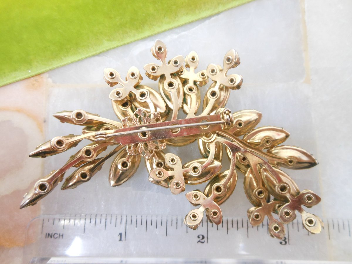 Vintage BEAU JEWELS Emerald Green Rhinestone Brooch Flower Spray Pin Aurora Borealis Crystal Mid Century, VivianJoel.com