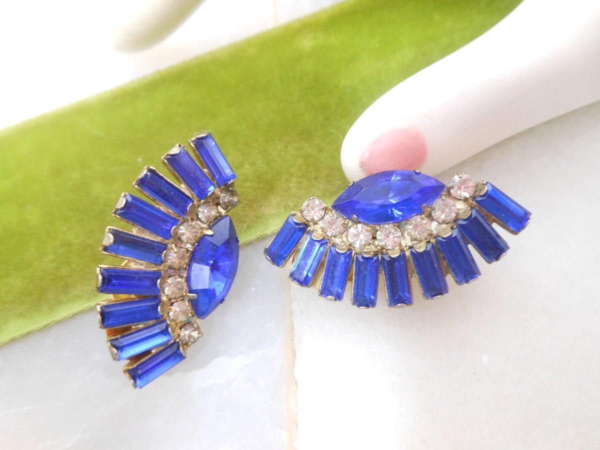Vintage Purple Blue Baguette Earrings Rhinestone Ear Climbers Clip On Crystal Mid Century Jewelry Gift, VivianJoel.com