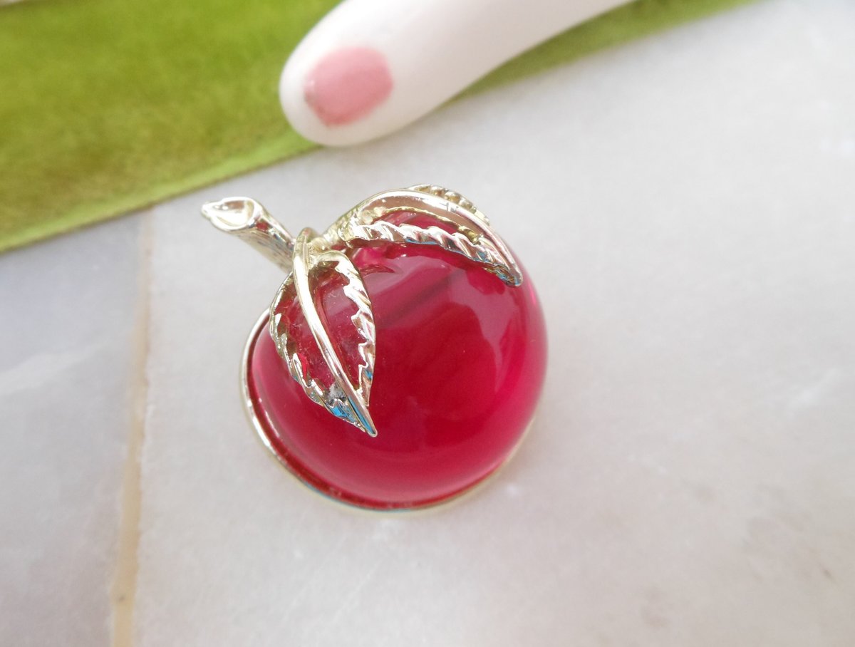 Vintage SARAH COVENTRY Pink Apple Brooch Bright Fruit Jelly Belly Lucite Burgundy Pin Designer Jewelry Mid Century, VivianJoel.com
