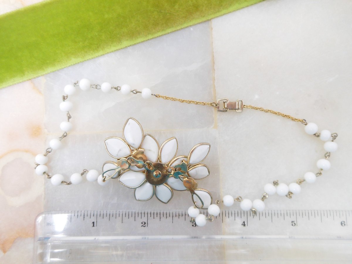 Vintage Milk Glass White Flower Bead Necklace Poured Petal Collar Choker Wedding Jewelry Mid Century, VivianJoel.com