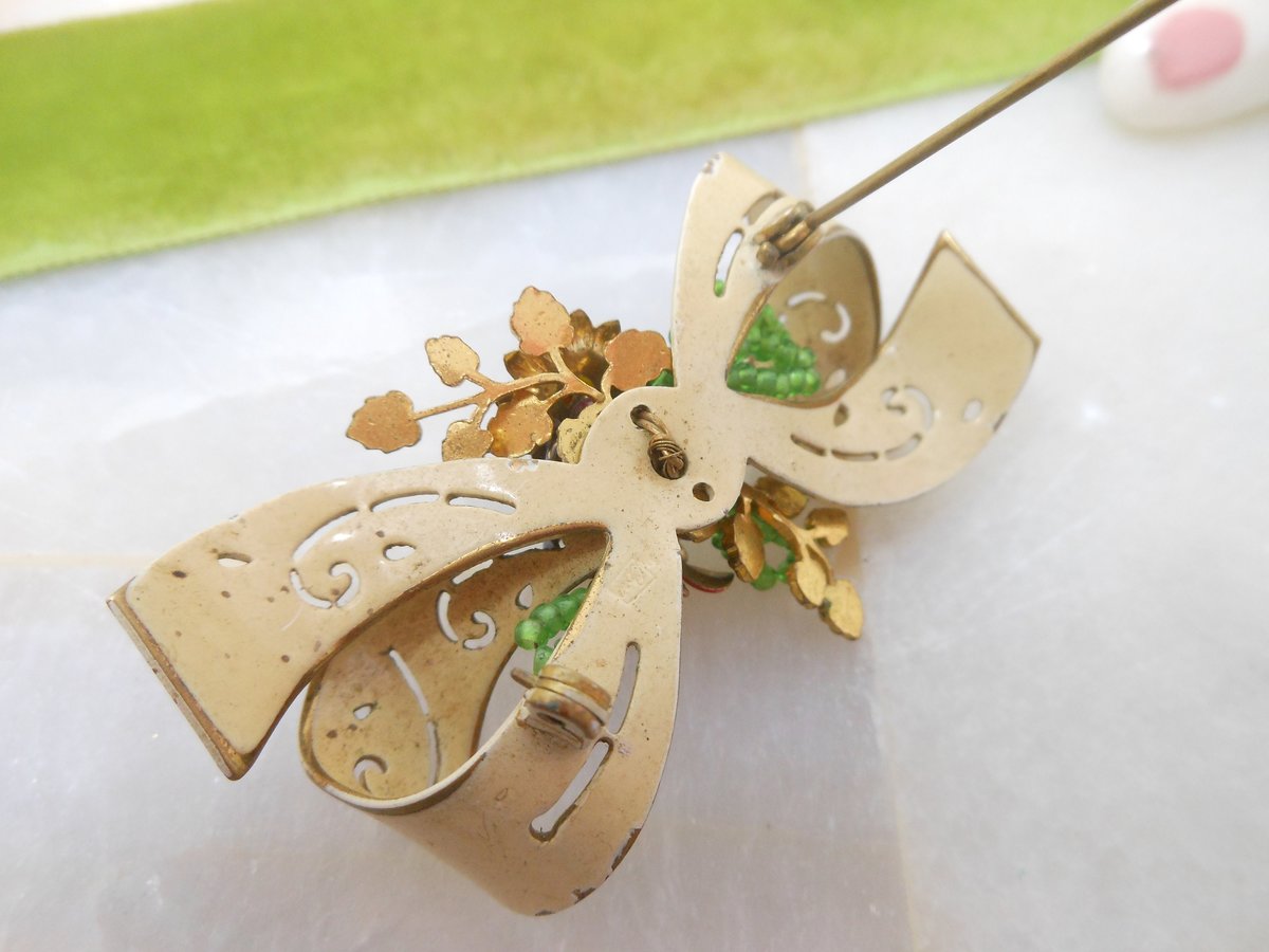 Vintage CORO Bow Designer Brooch Flower Pin Enamel Glass Bead Cluster Jewelry Mid Century, VivianJoel.com