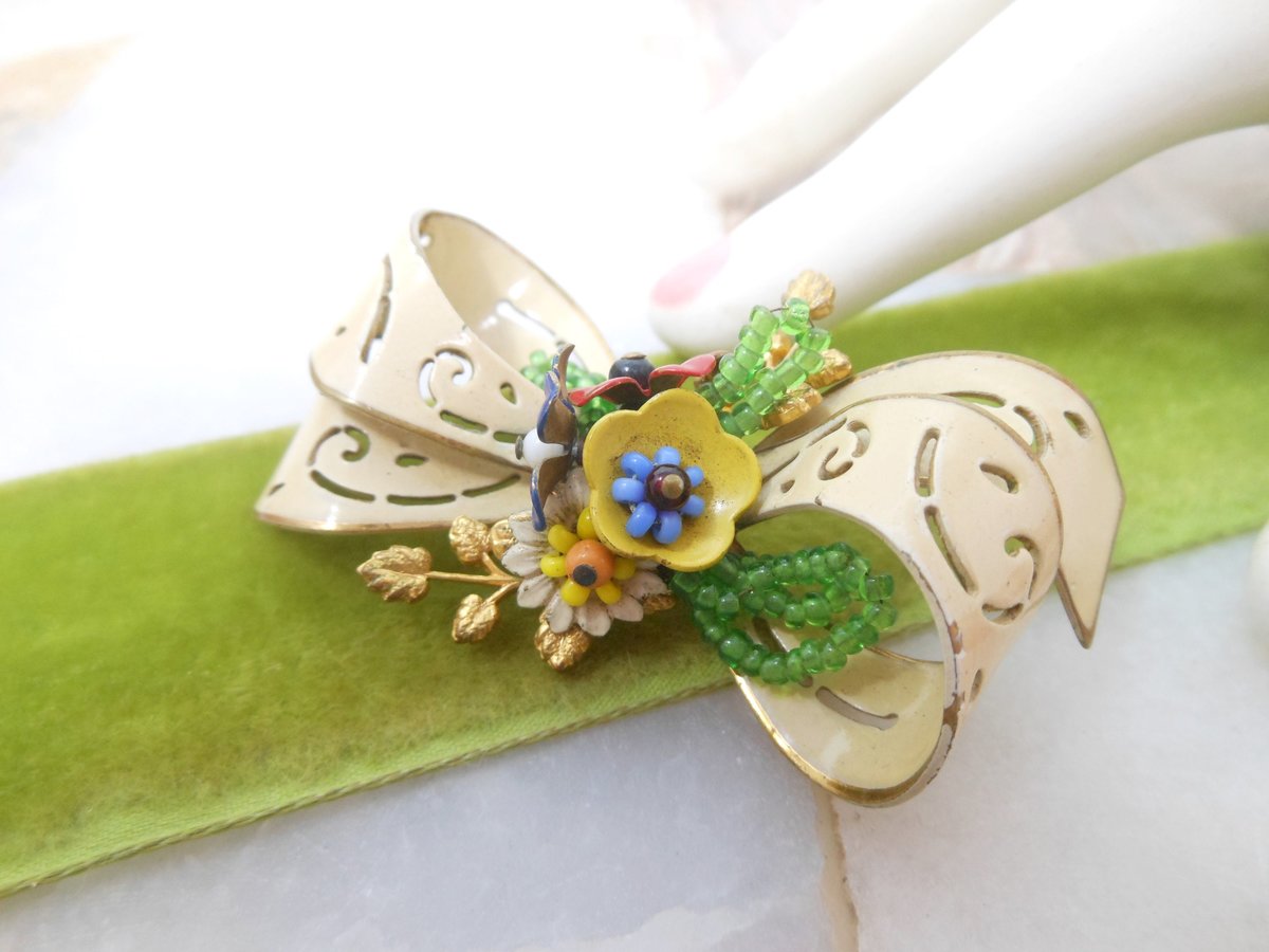 Vintage CORO Bow Designer Brooch Flower Pin Enamel Glass Bead Cluster Jewelry Mid Century, VivianJoel.com