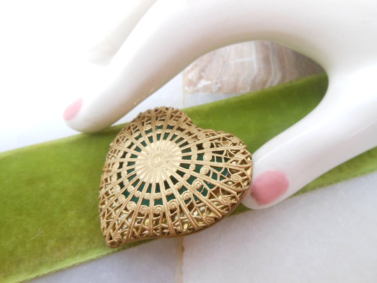 Vintage Perfume Brooch Pin Heart Filigree Pomander Locket Mid Century Vinaigrette Valentine Jewelry Gift, VivianJoel.com