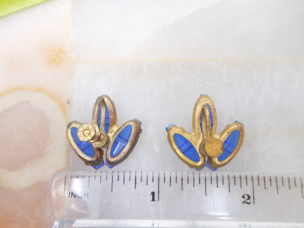 Vintage STERLING SILVER Earrings Gilded Gold Blue Czech Glass Art Deco 925 Screw Back Jewelry Mid Century Gift,  VivianJoel.com