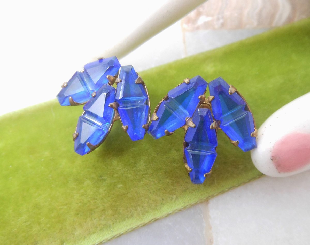 Vintage STERLING SILVER Earrings Gilded Gold Blue Czech Glass Art Deco 925 Screw Back Jewelry Mid Century Gift,  VivianJoel.com