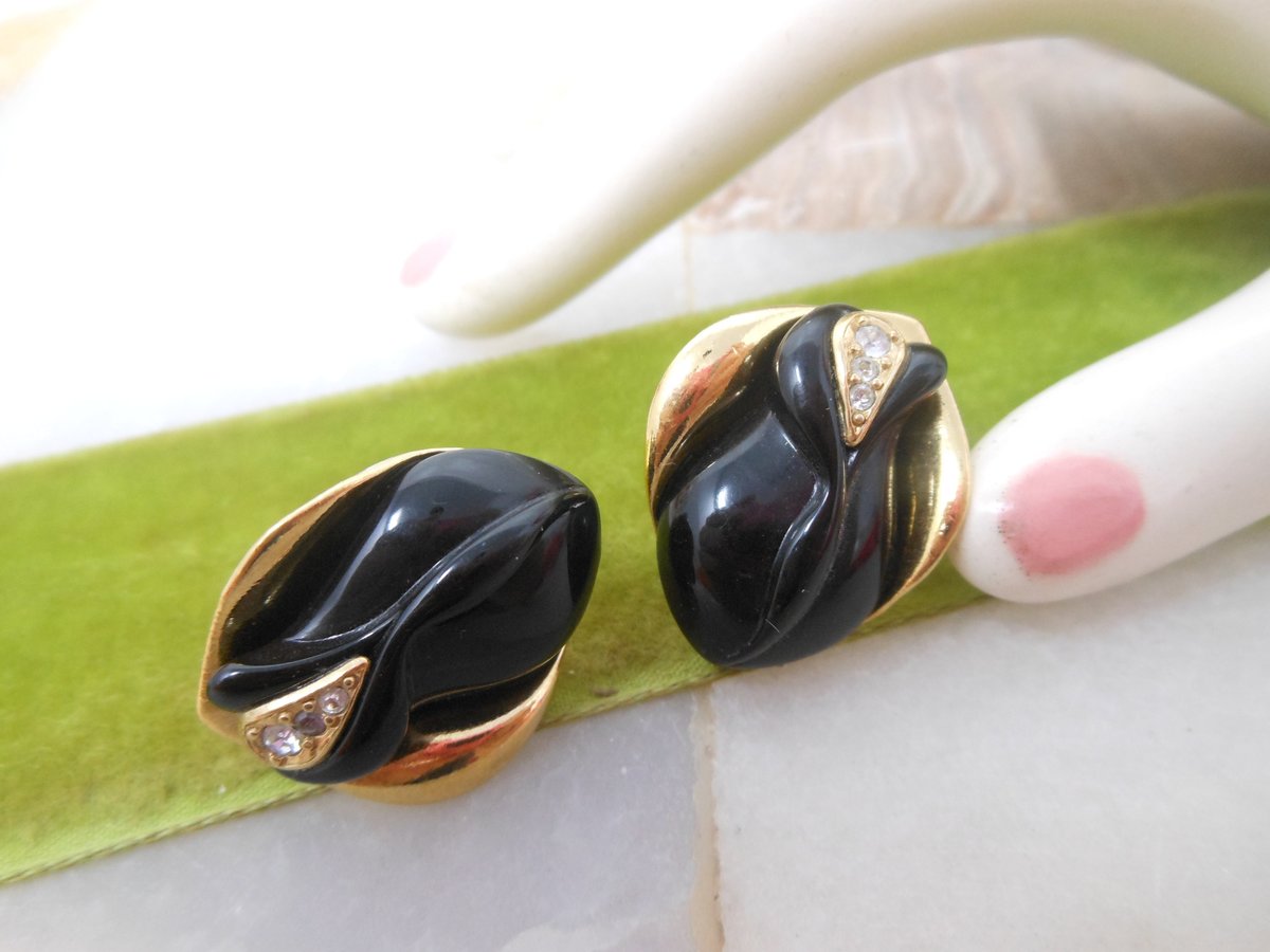 Vintage KJL Black Rose KENNETH Jay LANE Earrings Crystal Lucite Pierced Designer Runway Jewelry Gift Avon, VivianJoel.com