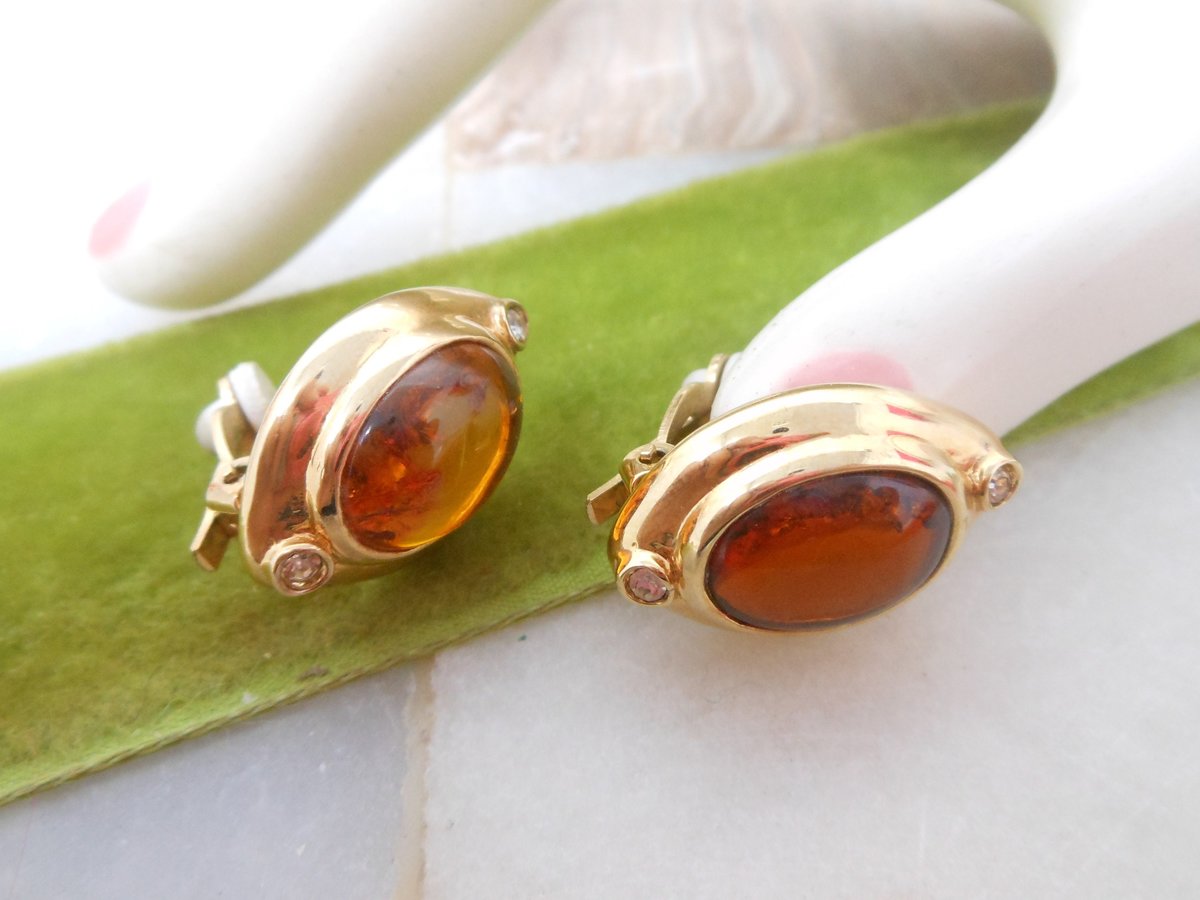 Vintage LOUIS STERN Earrings Clip On Honey Stone Crystal Rhinestone Mogul Classic Designer LS Jewelry Gift, VivianJoel.com