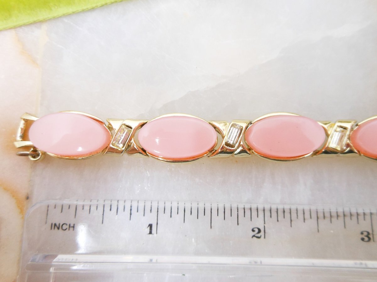 Vintage Pink Moonglow Bracelet Satin Plastic Thermoset Rhinestone Mid Century Jewelry Gift, VivianJoel.com