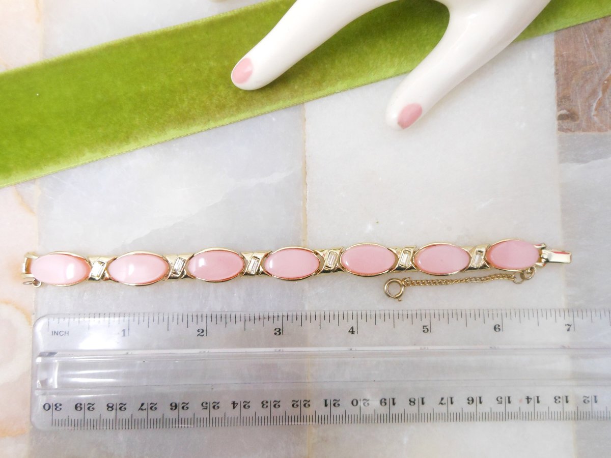 Vintage Pink Moonglow Bracelet Satin Plastic Thermoset Rhinestone Mid Century Jewelry Gift, VivianJoel.com