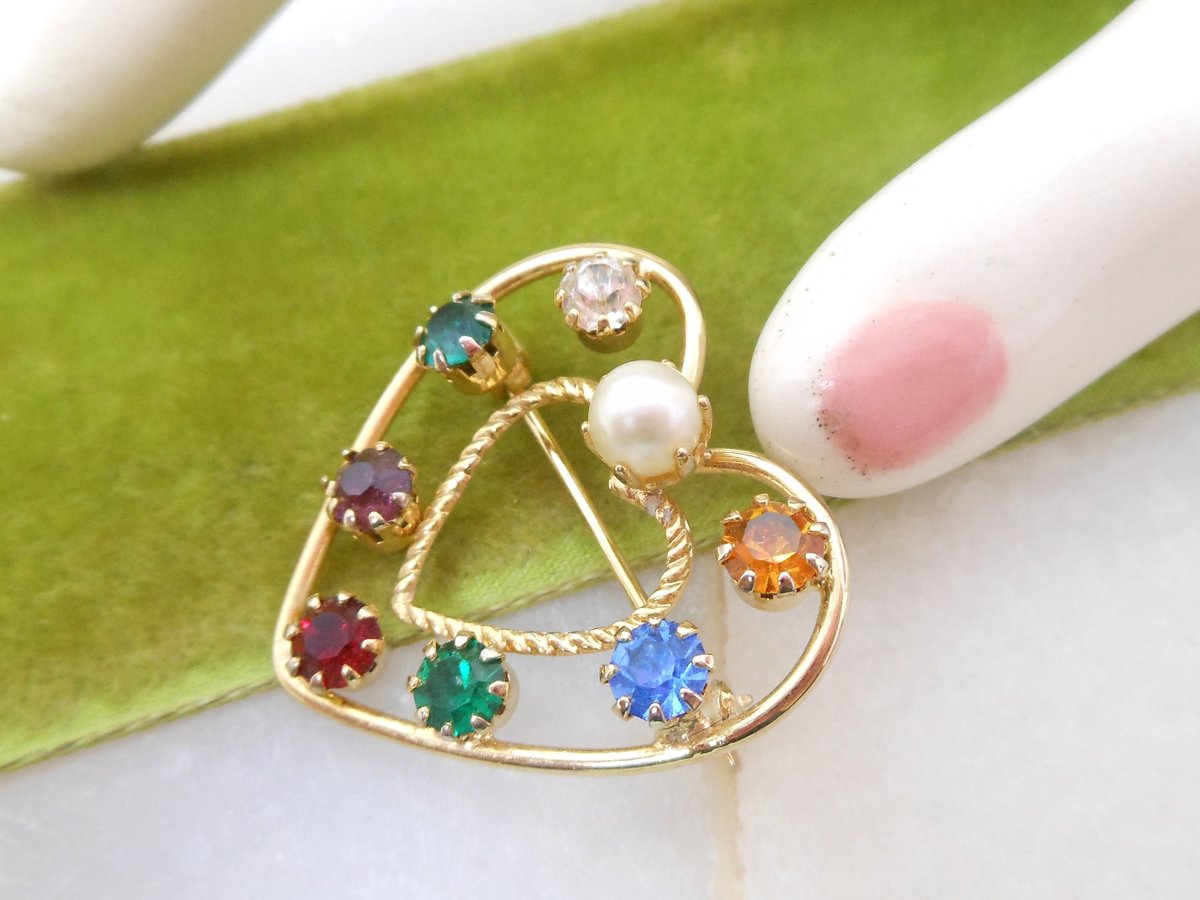 Vintage LOT 2 Rhinestone Heart Pin Faux Pearl Fruit Salad Brooch Valentine Petite Gift Jewelry Mid Century, VivianJoel.com