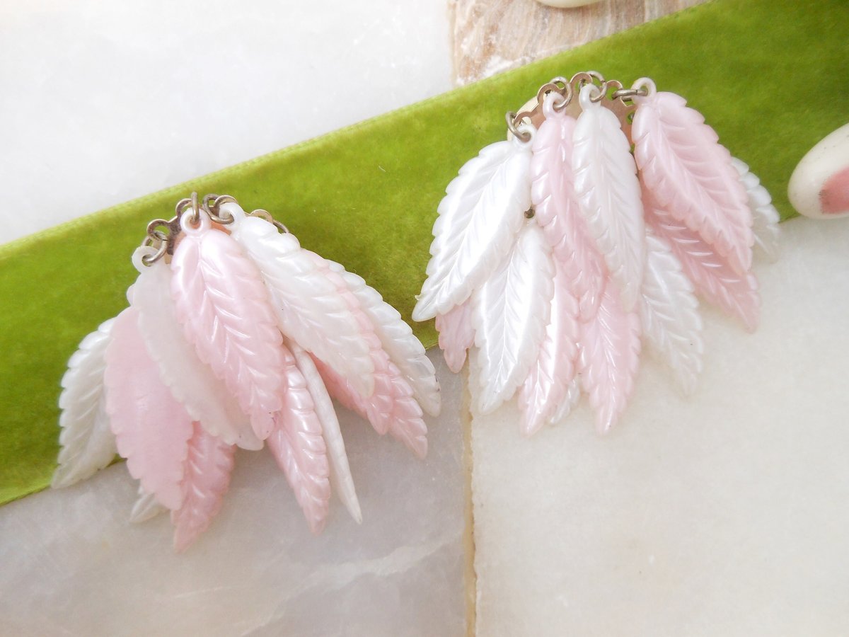 Vintage Pink Plastic Waterfall Earrings Clip On Dangle Drop Cha Cha White Leaf Cluster Mid Century Jewelry Gift, VivianJoel.com