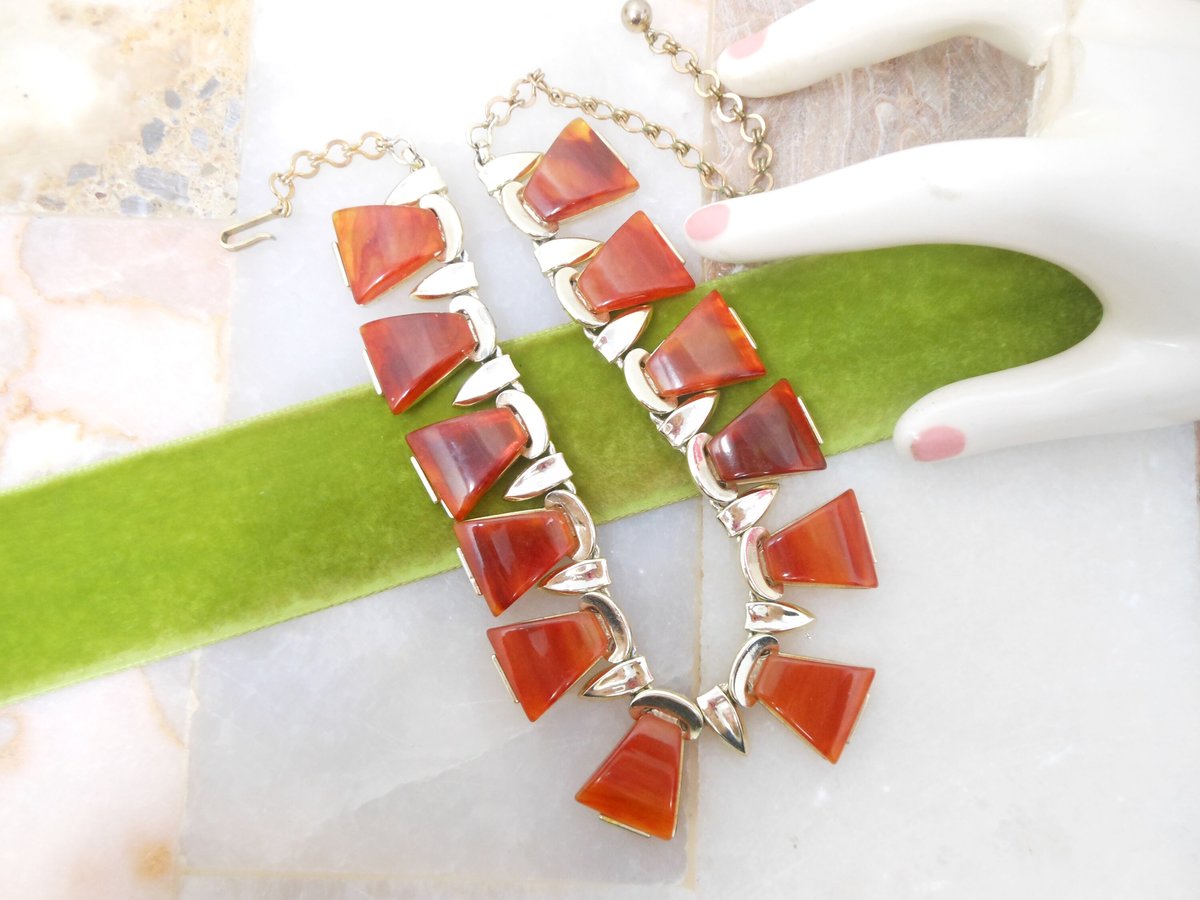 Vintage BAKELITE Collar Necklace Designer CHAREL Rootbeer Plastic Chunky Mid Century Jewelry Gift, VivianJoel.com