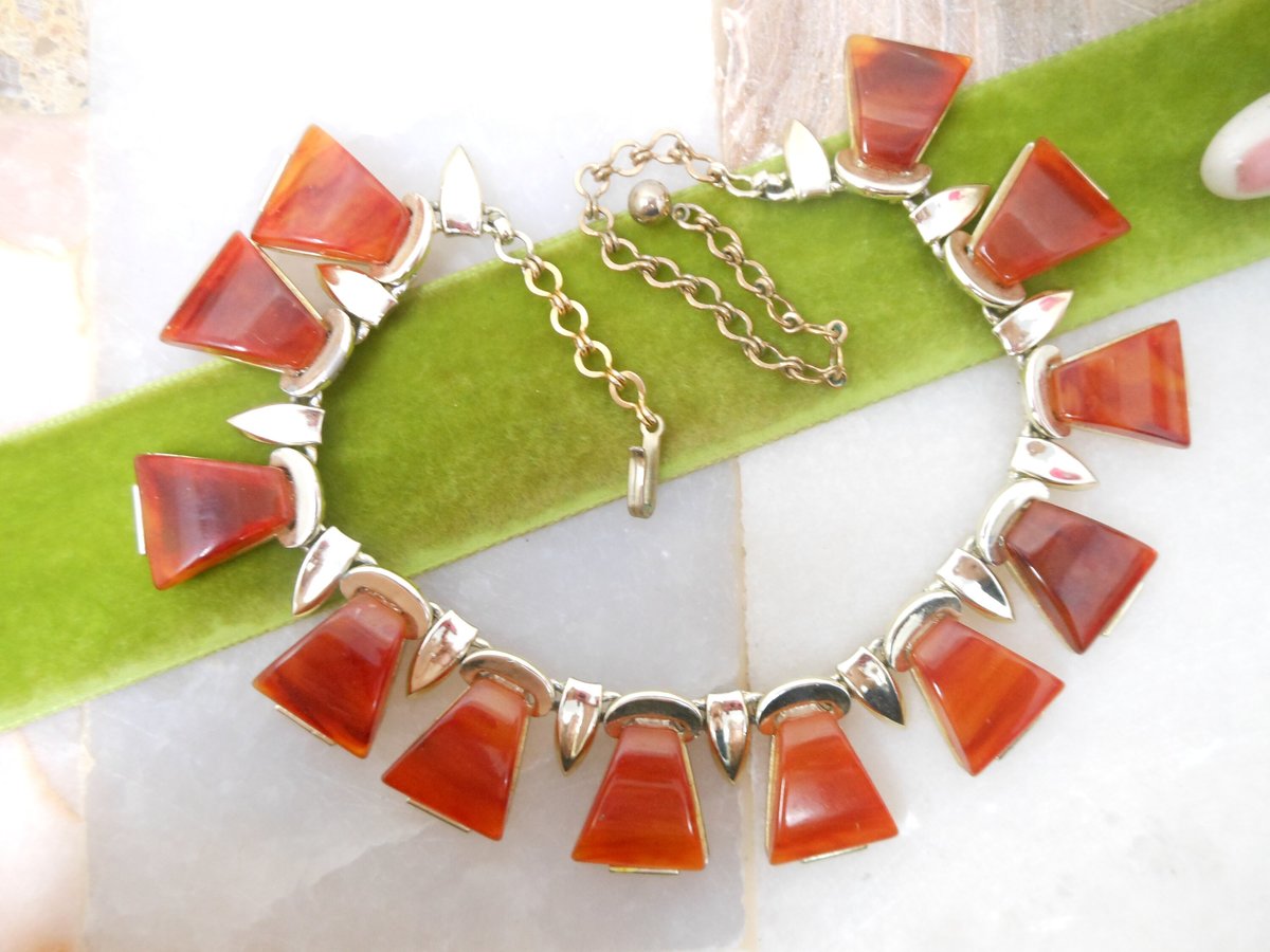 Vintage BAKELITE Collar Necklace Designer CHAREL Rootbeer Plastic Chunky Mid Century Jewelry Gift, VivianJoel.com
