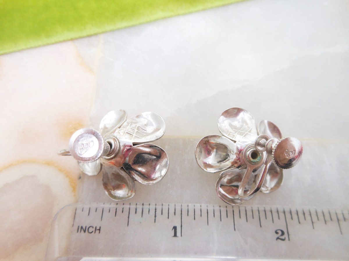 Vintage CORO Flower Scatter Pin Earrings Screw Back Faux Pearl Silver Tone Brooch Set Designer Jewelry Gift Mid Century, VivianJoel.com