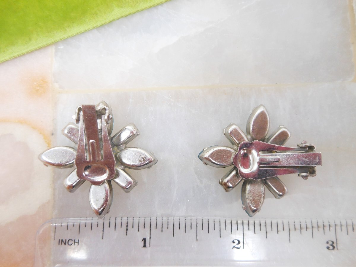 Vintage Blue Earrings Maltese Cross Clip On Rhinestone Flower Glam Regency Revival Jewelry Gift Mid Century, VivianJoel.com