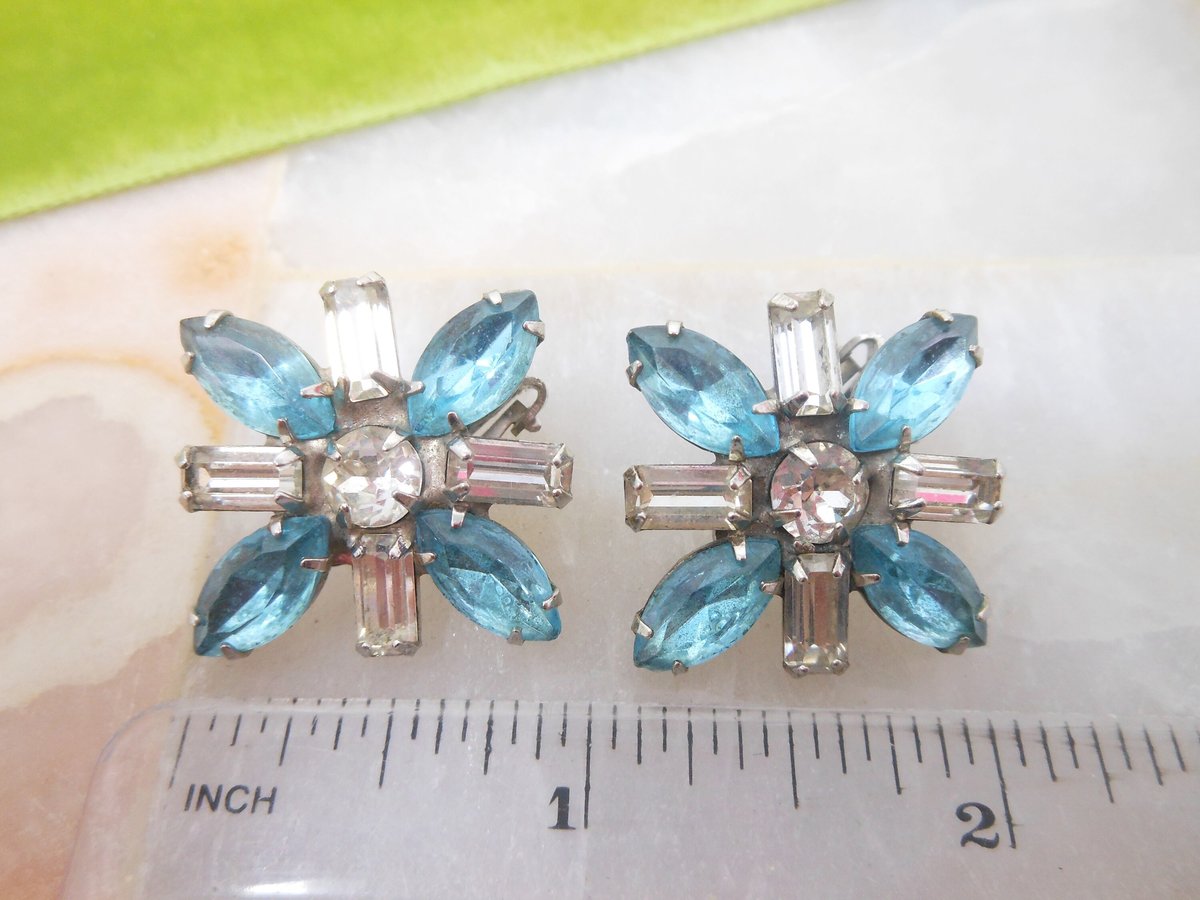 Vintage Blue Earrings Maltese Cross Clip On Rhinestone Flower Glam Regency Revival Jewelry Gift Mid Century, VivianJoel.com