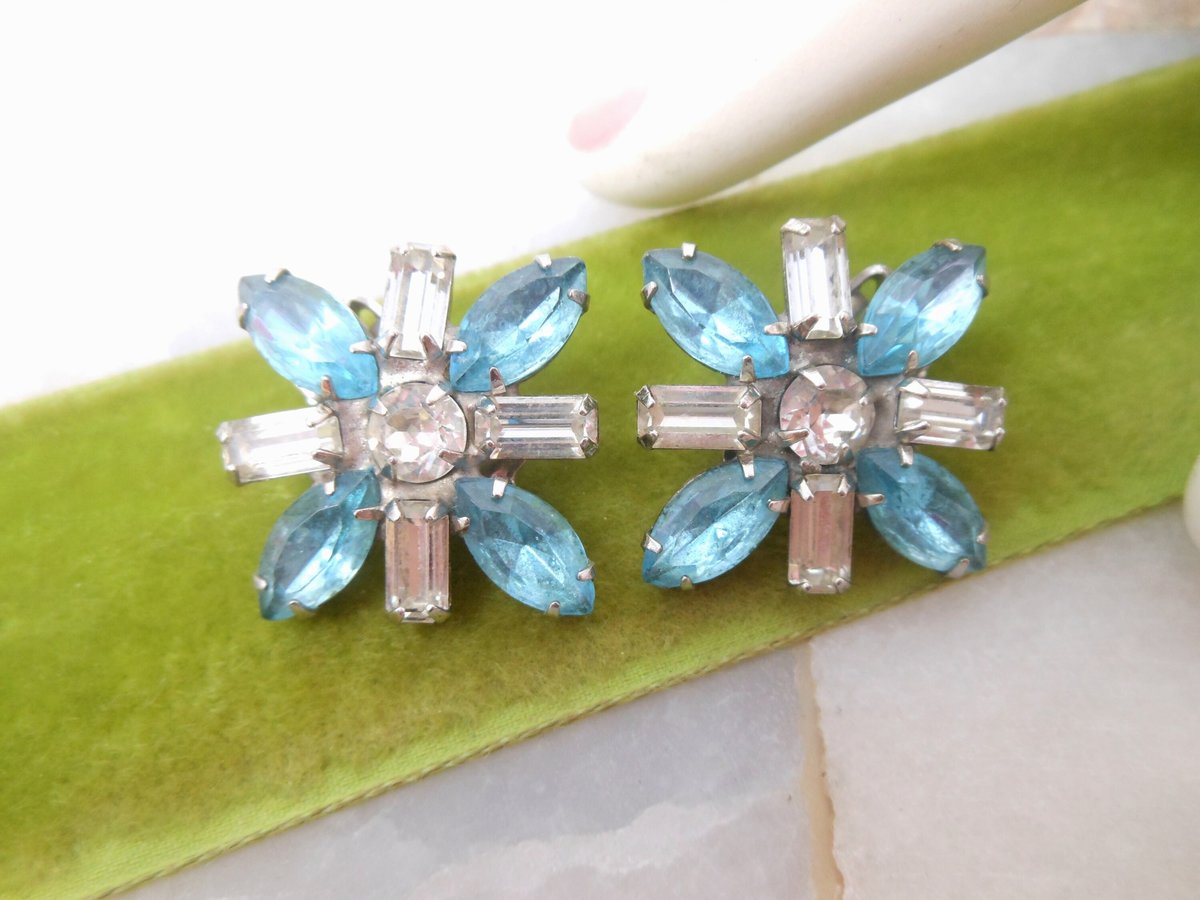 Vintage Blue Earrings Maltese Cross Clip On Rhinestone Flower Glam Regency Revival Jewelry Gift Mid Century, VivianJoel.com
